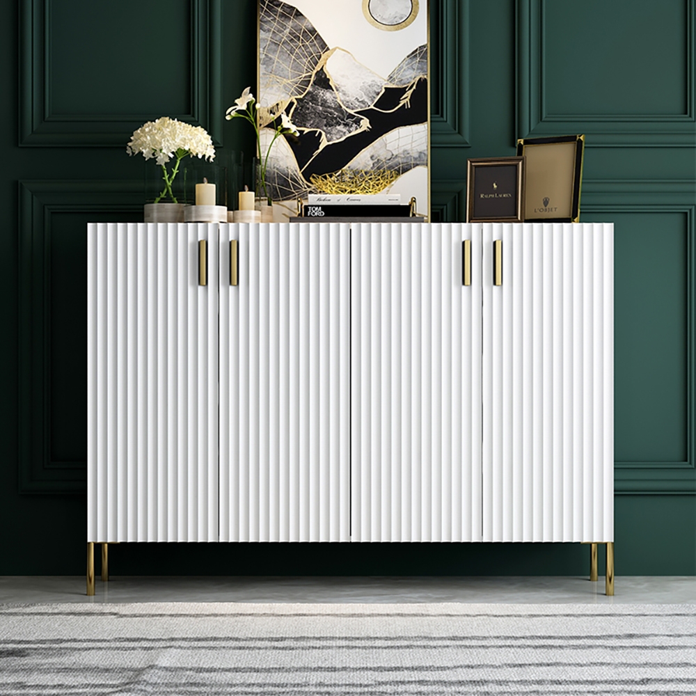 

Modern White Sideboard 4-Door & 6-Shelf Buffet Corrugated Surface Gold Finish