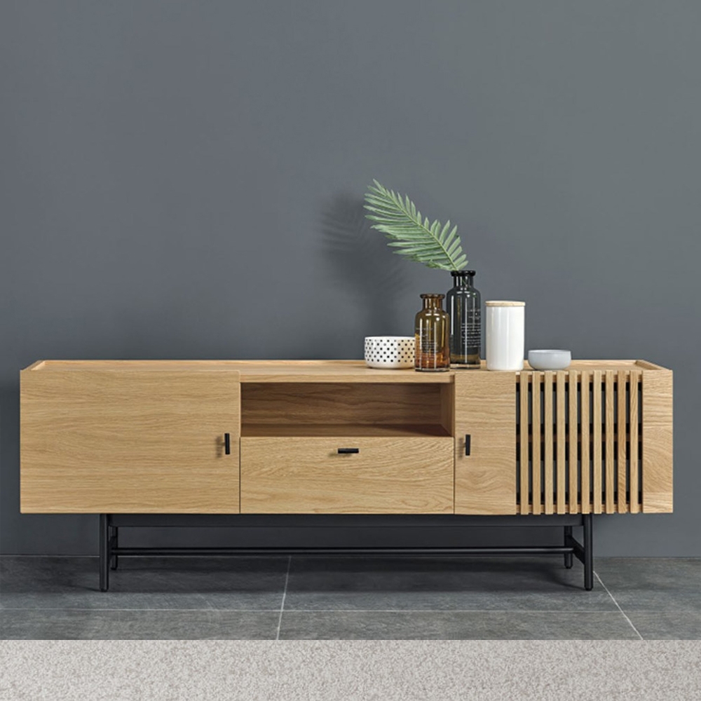 Image of 70" Nordic Natural TV Stand Oak Media Console with Open Storage & Retro Pulls