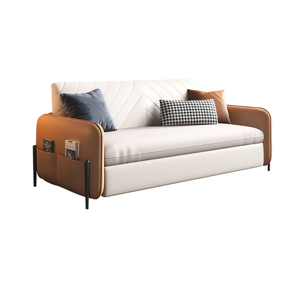 1700mm Brown & White Convertible Sofa Bed Leath-aire Upholstered with Storage Pocket
