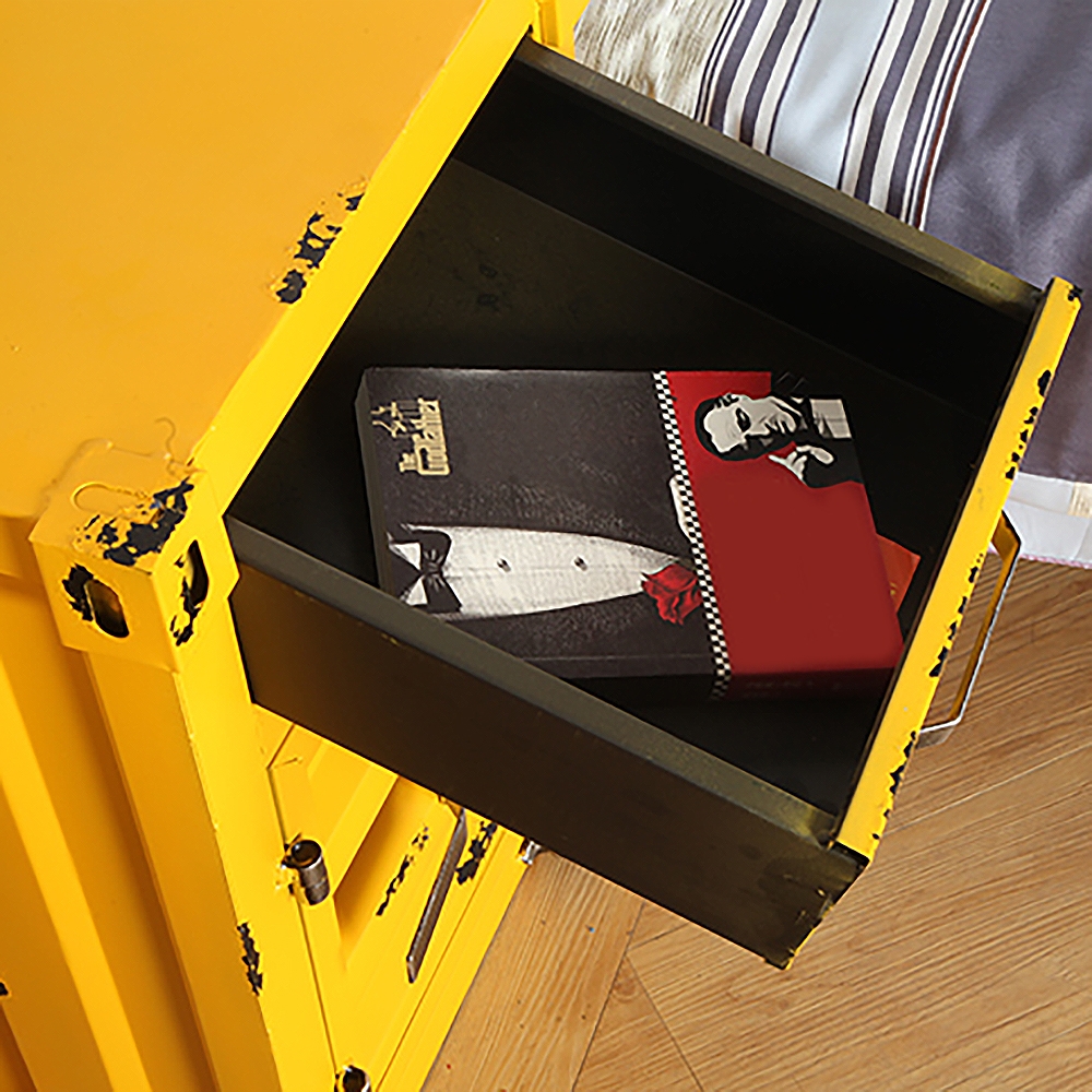 Industrial Loft Yellow Nightstand Retro Bedside Storage Cabinet with Door & Drawer