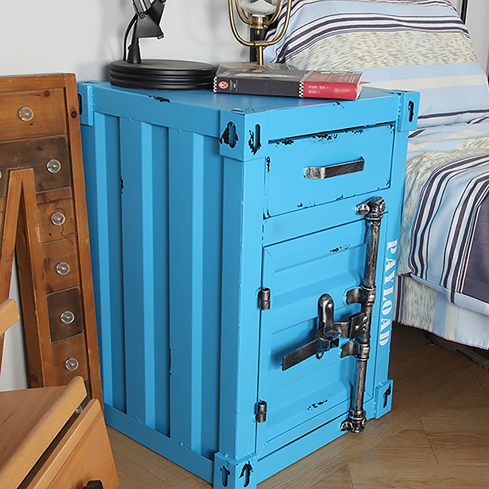 Ctainer Industrial Loft Blue Nightstand Retro Bedside Storage Cabinet with Door & Drawer