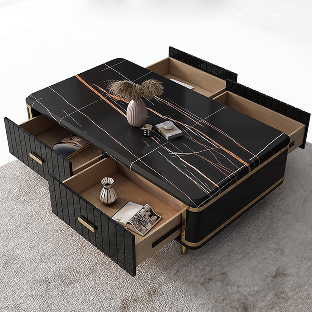 

Modern Marble Coffee Table with Drawers in Black