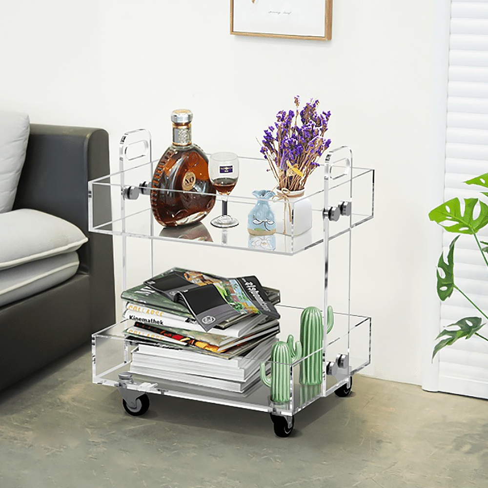Image of Modern Acrylic Rolling Bar Cart End Table with Handles