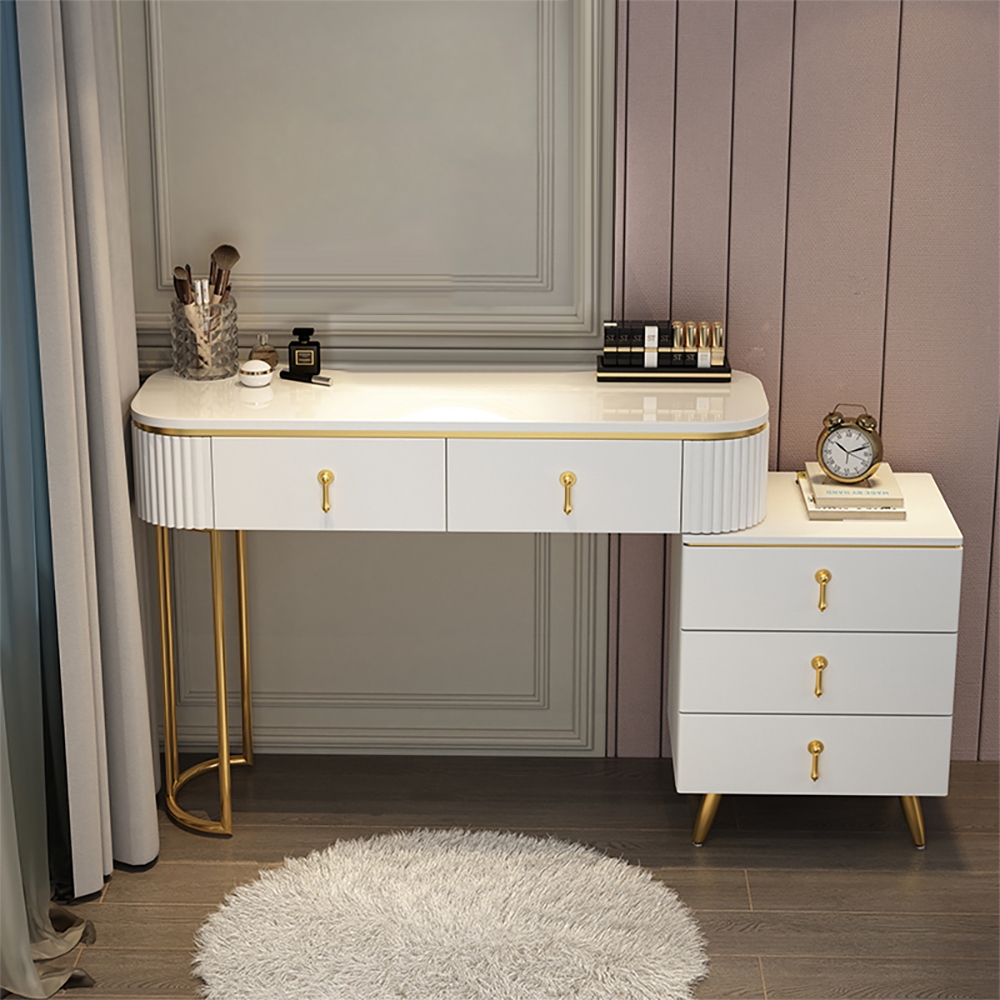 Modern White Oval Extendable Makeup Vanity with 5-Drawer Side Cabinet Included in Large