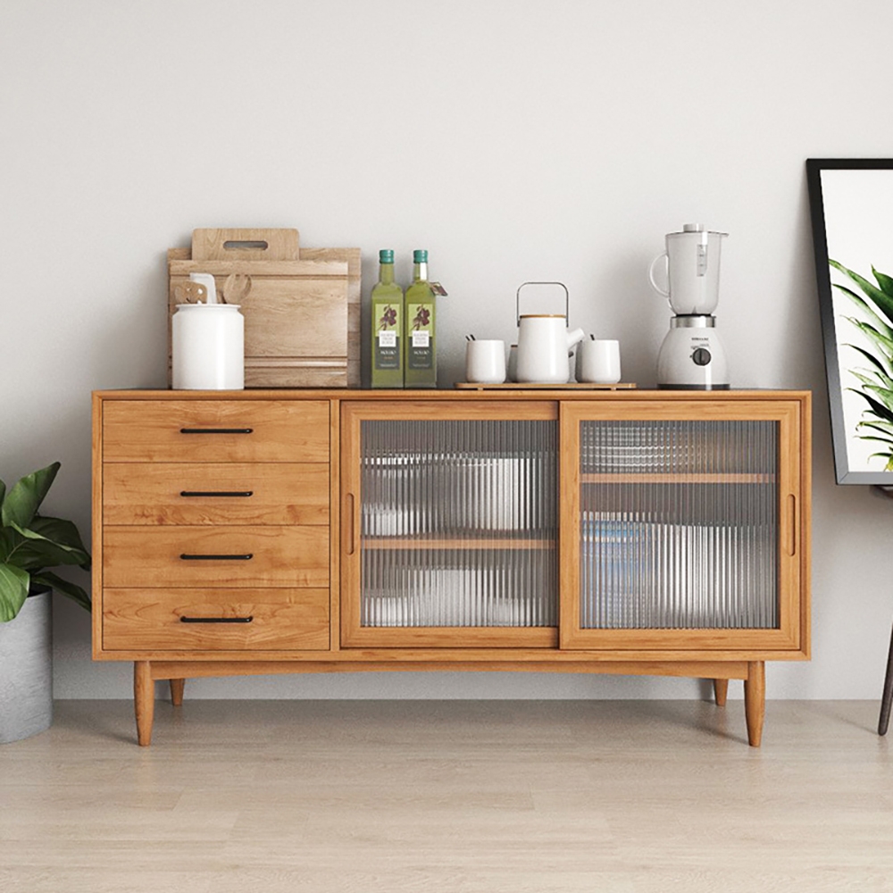 Nordic Natural Sideboard Buffet with 2 Glass Doors & 4 Drawers & 1 Shelf in Large