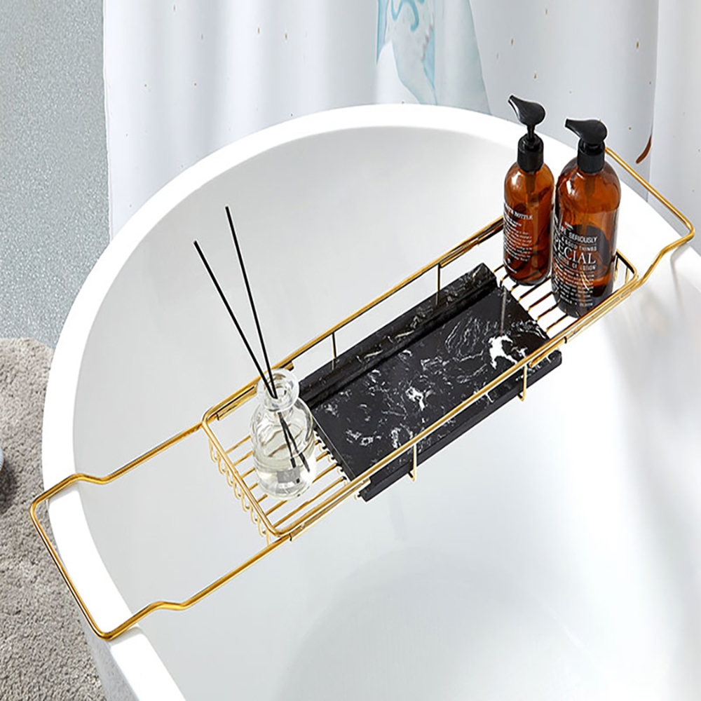 Bathroom Bathtub Caddy Stretchable Tray Storage Shelf In Black & Gold