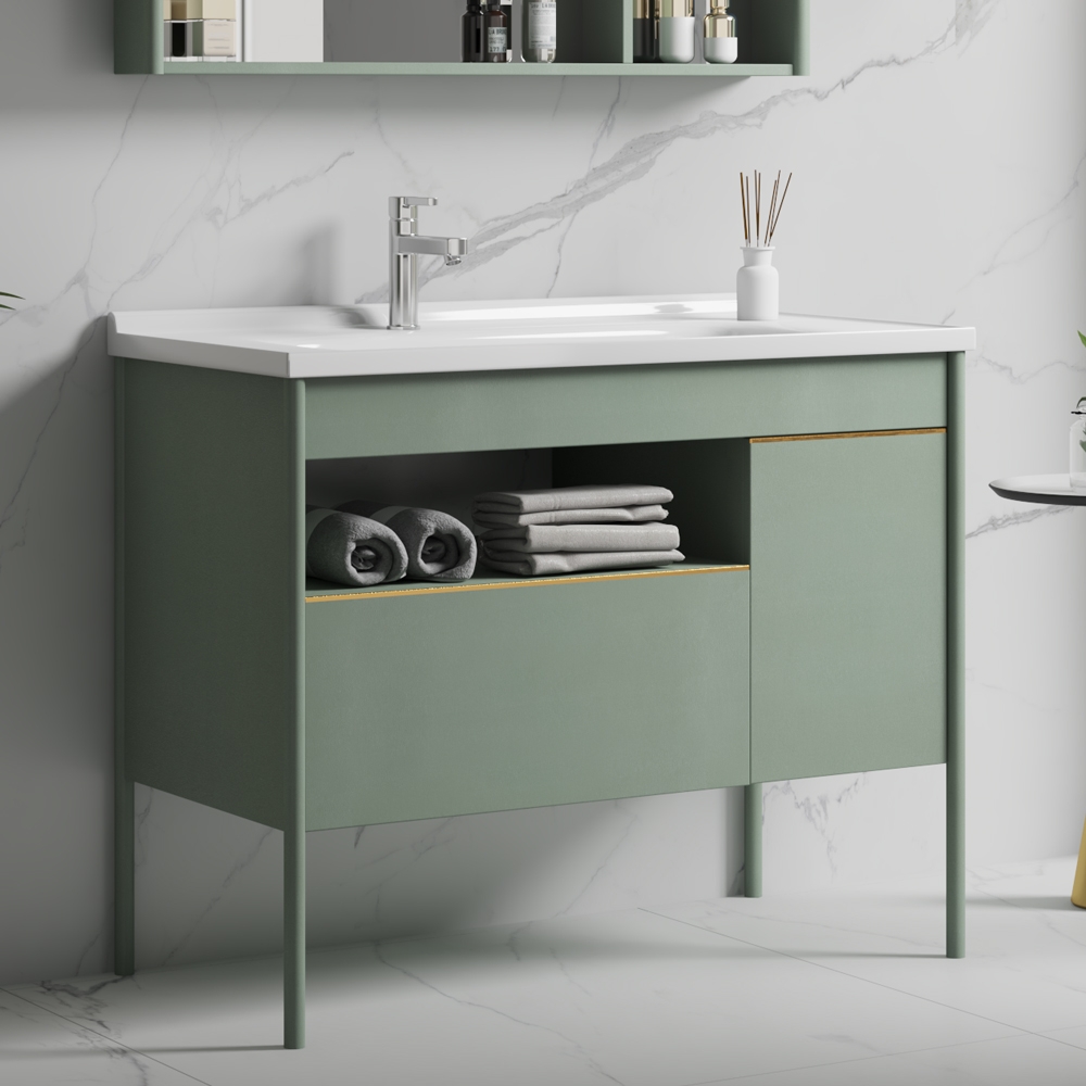 32" Green Bathroom Vanity Freestanding Integral Ceramic Sink with Door & Drawer