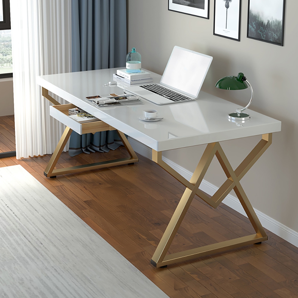 1200mm Modern White Writing Desk with Drawer Home Office Desk Solid Wood & Metal