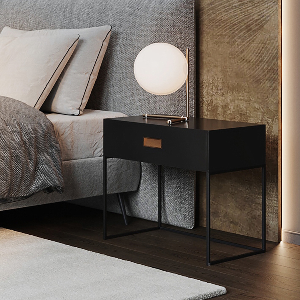 Modern Black Nightstand 1-Drawer Bedside Table High Metal Base
