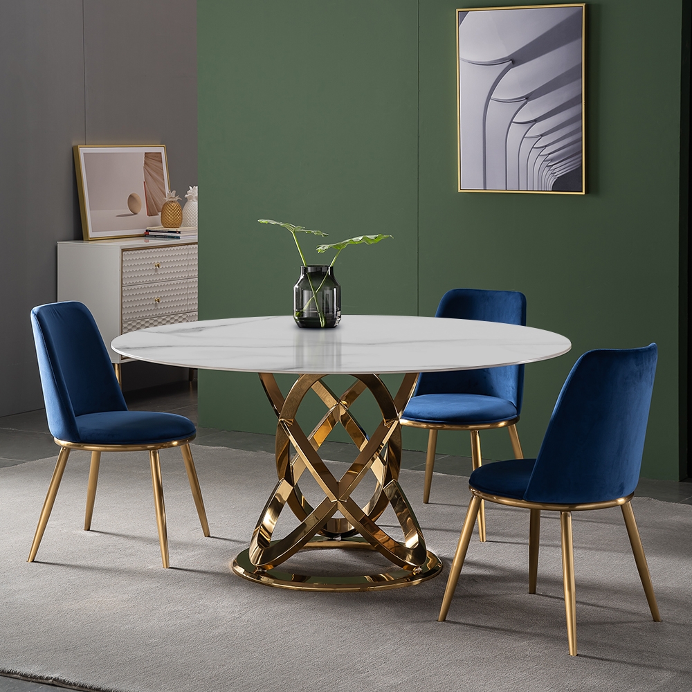 

Modern Round White Stone Top Dining Table with Stainless Base