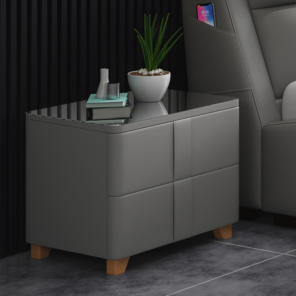 

Gray Nightstand Tempered Glass Top PU Leather Upholstery 2-Drawer Bedside Table