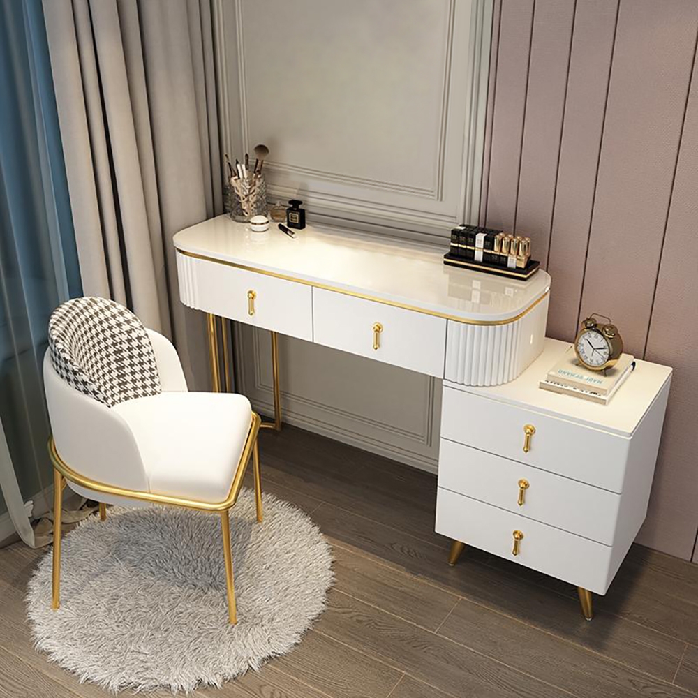 Modern White Oval Extendable Makeup Vanity with 5-Drawer Side Cabinet Included in Small
