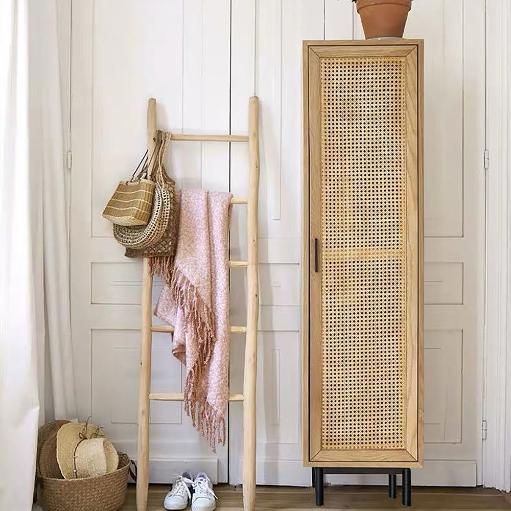70" Nordic Natural Closet Rattan Woven Cloth Storage Wardrobe with Shelf & Rail