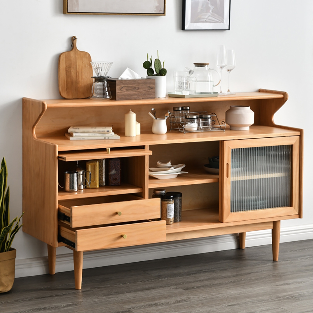 47" Natural Sideboard Buffet Flip Door Kitchen 2-Drawer Cabinet with Hutch in Small