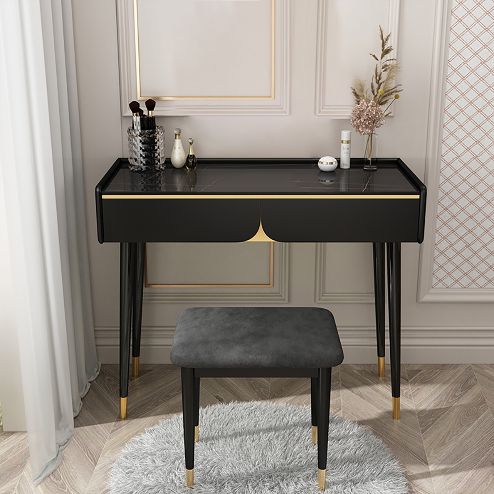 39" Modern Black Makeup Vanity Stone Top with 3 Drawers in Gold-Homary