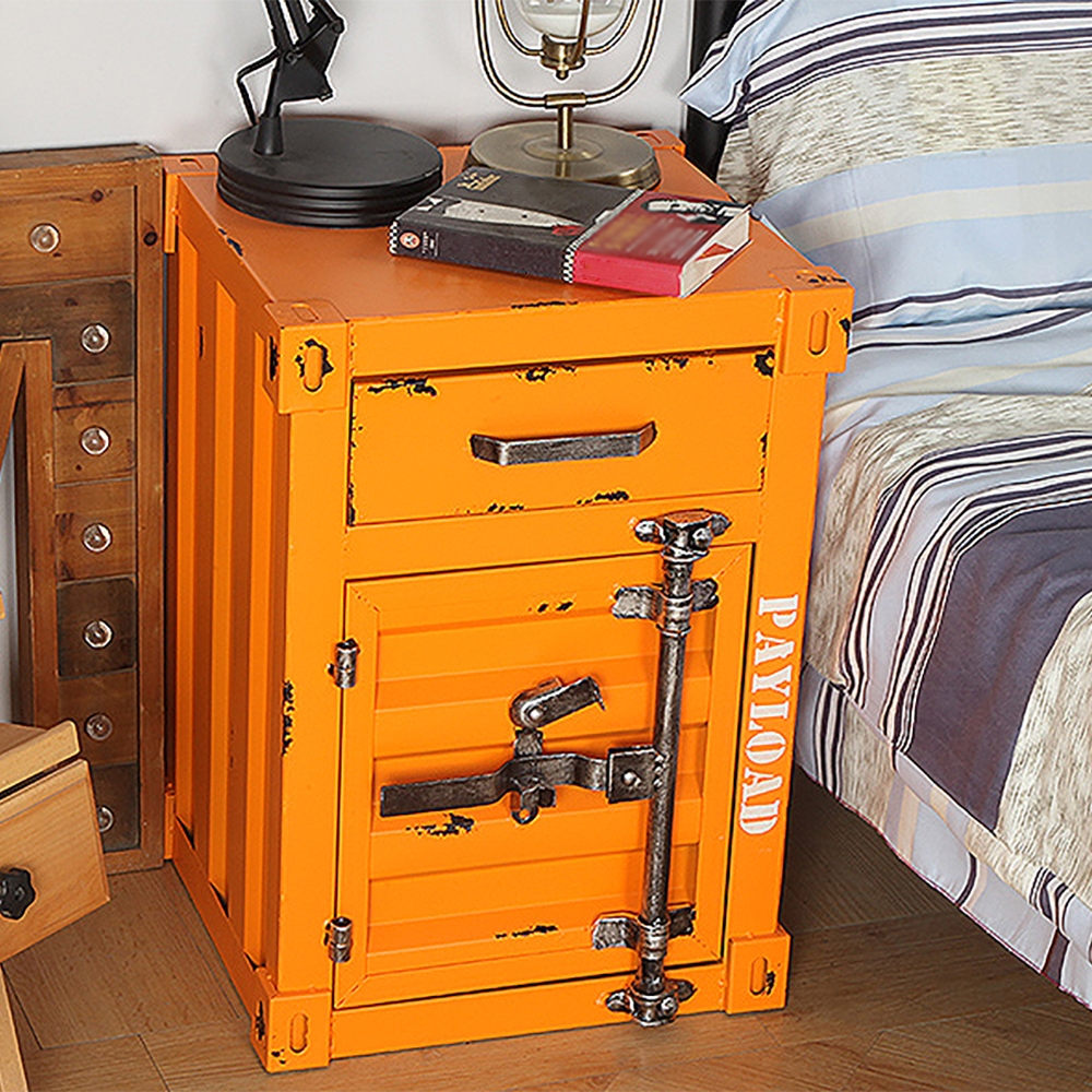 Ctainer Industrial Orange Nightstand Retro Bedside Storage Cabinet with Door & Drawer
