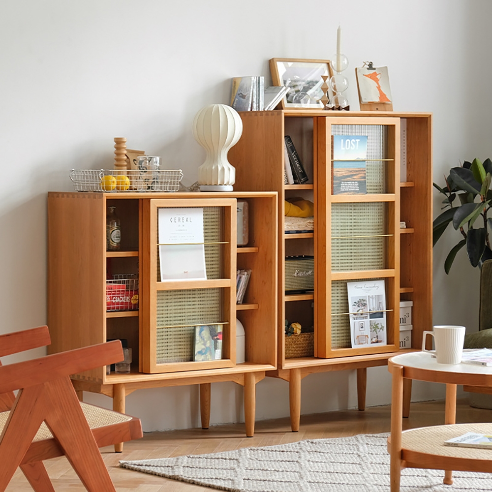 Nordic Natural Cabinet with 2 Glass Rattan Woven Doors & 2 Shelves in Small