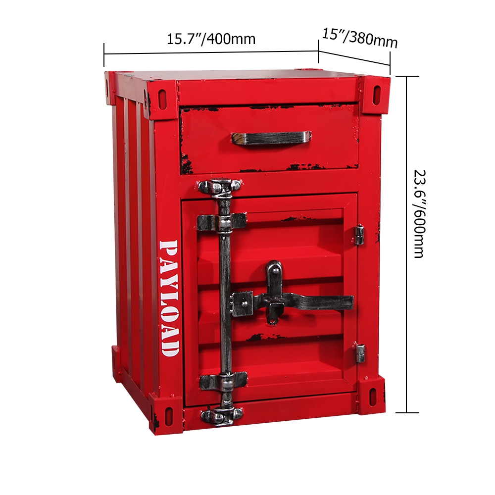 Industrial Loft Red Nightstand Retro Bedside Storage Cabinet with Door & Drawer