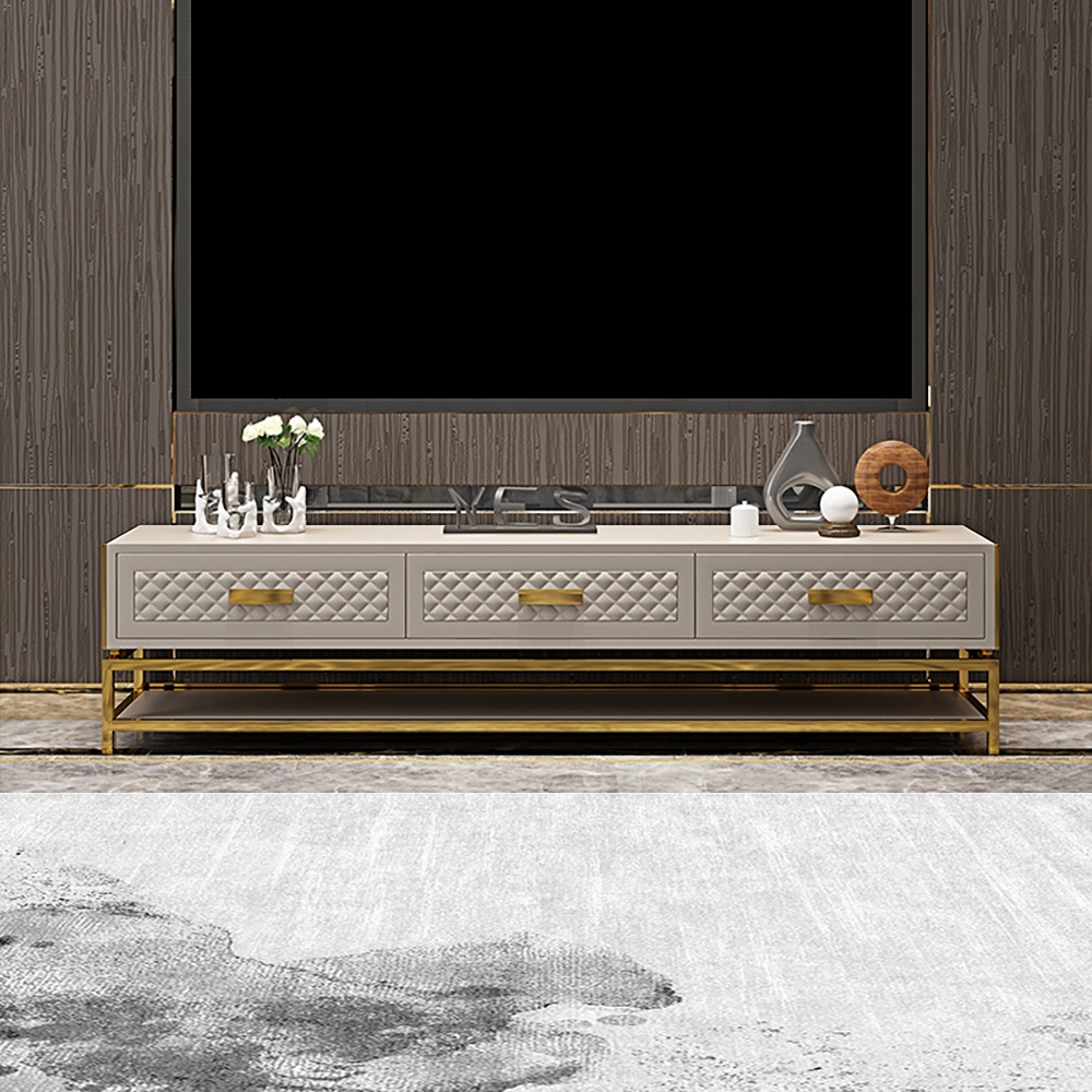 

Italian TV Stand Light Luxury Media Console Faux Leather Upholstery with 3 Drawers & 1 Shelf