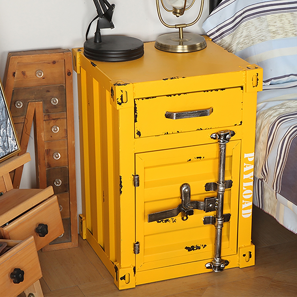 Industrial Loft Yellow Nightstand Retro Bedside Storage Cabinet with Door & Drawer