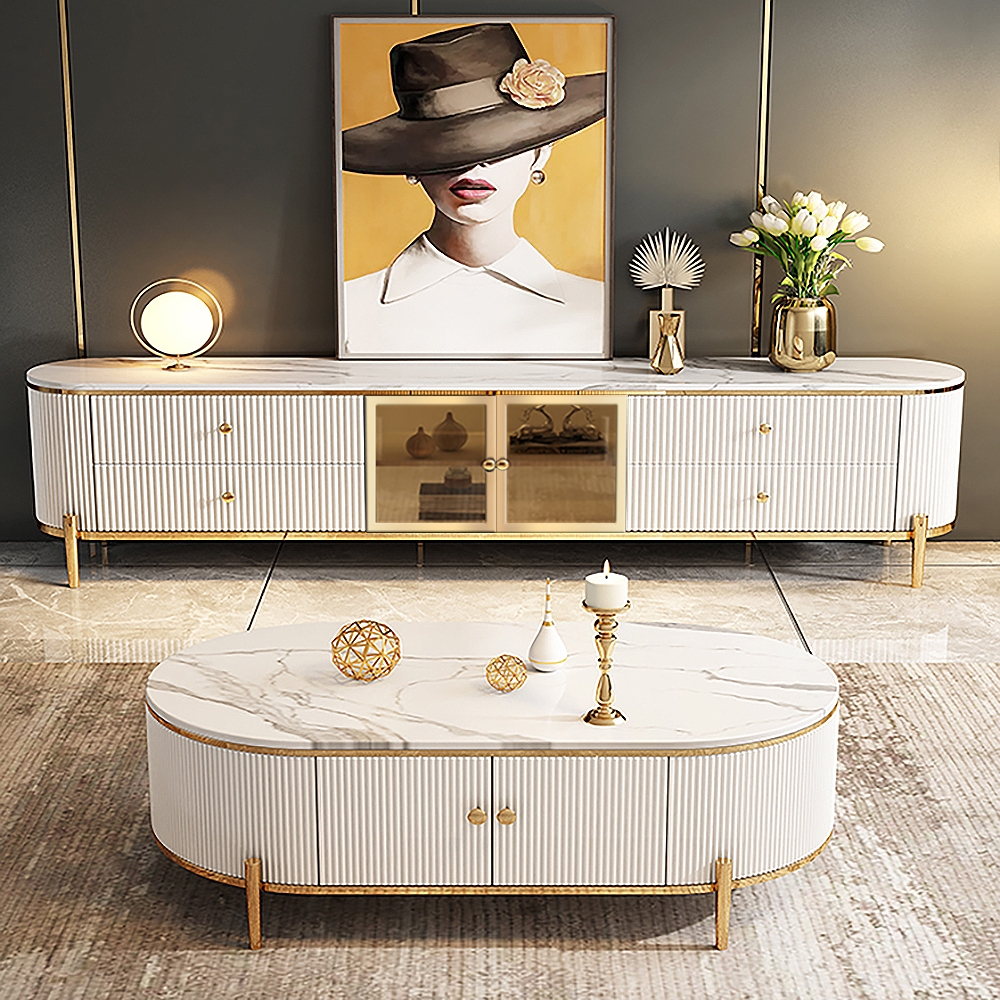 Modern White TV Stand with Oval Faux Marble Top & Tempered Glass Doors Media Console