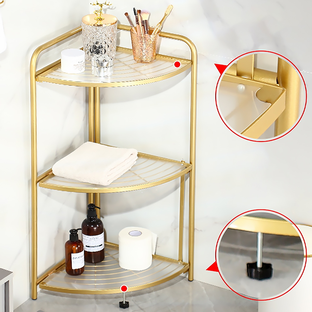 3 Tiers Modern Foldable Standing Bathroom Shelving Corner Shelf in Gold