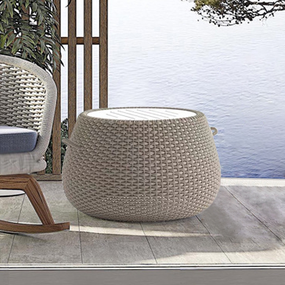 

23.6"Outdoor End Table Rattan Barrel Table with Round Glass Tabletop