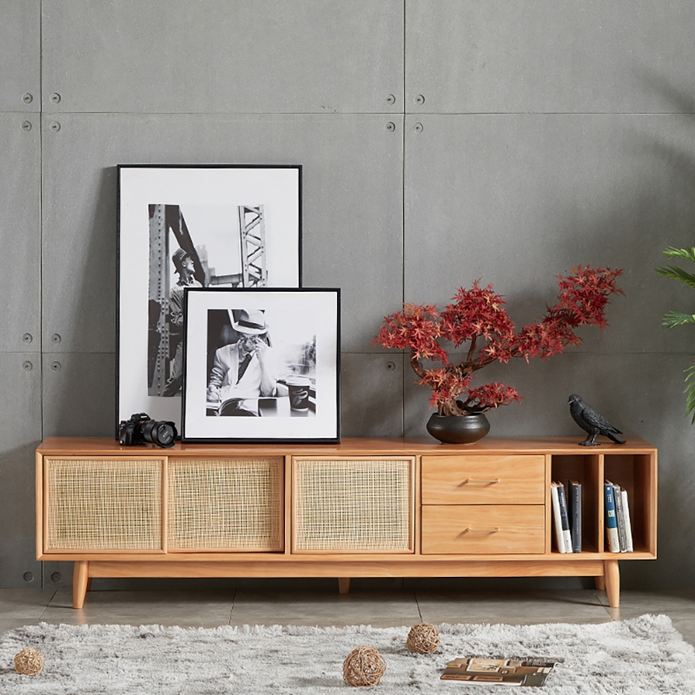 Nordic TV Stand Natural Media Console with Doors & Drawers & Shelf Rattan Woven in Large