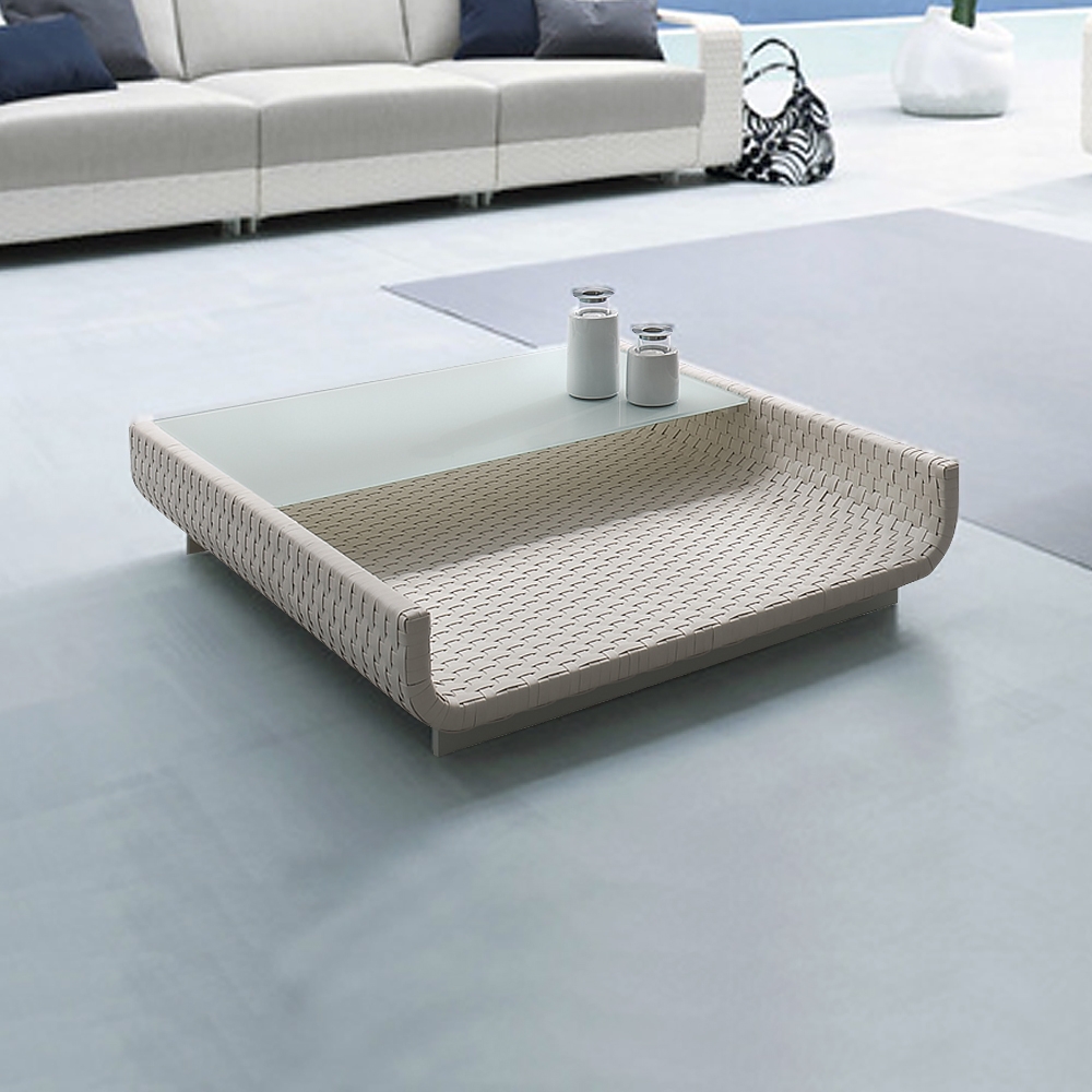 White Square Rattan Outdoor Coffee Table with Frosted Glass TabletopHomary