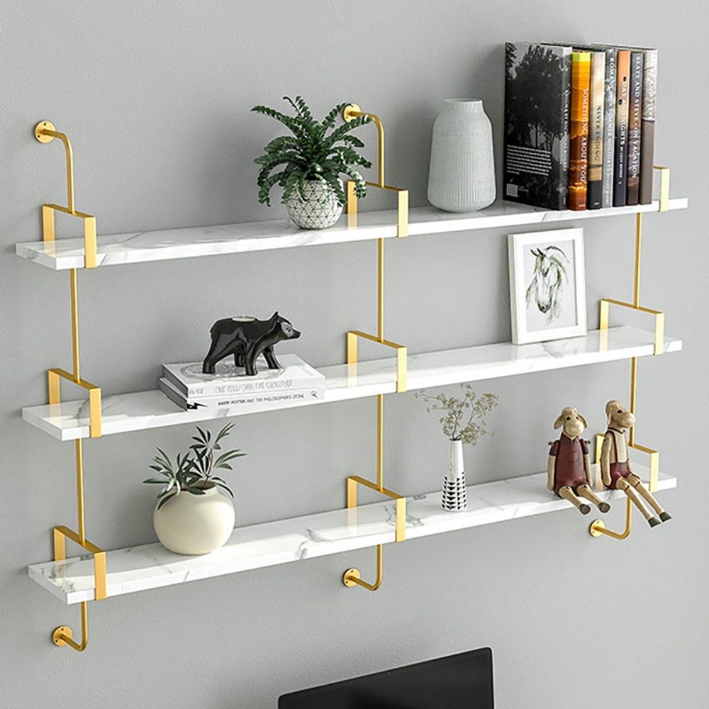 Image of 3-Tier Modern Wall Mounted Shelves Long Floating Shelving in White & Gold