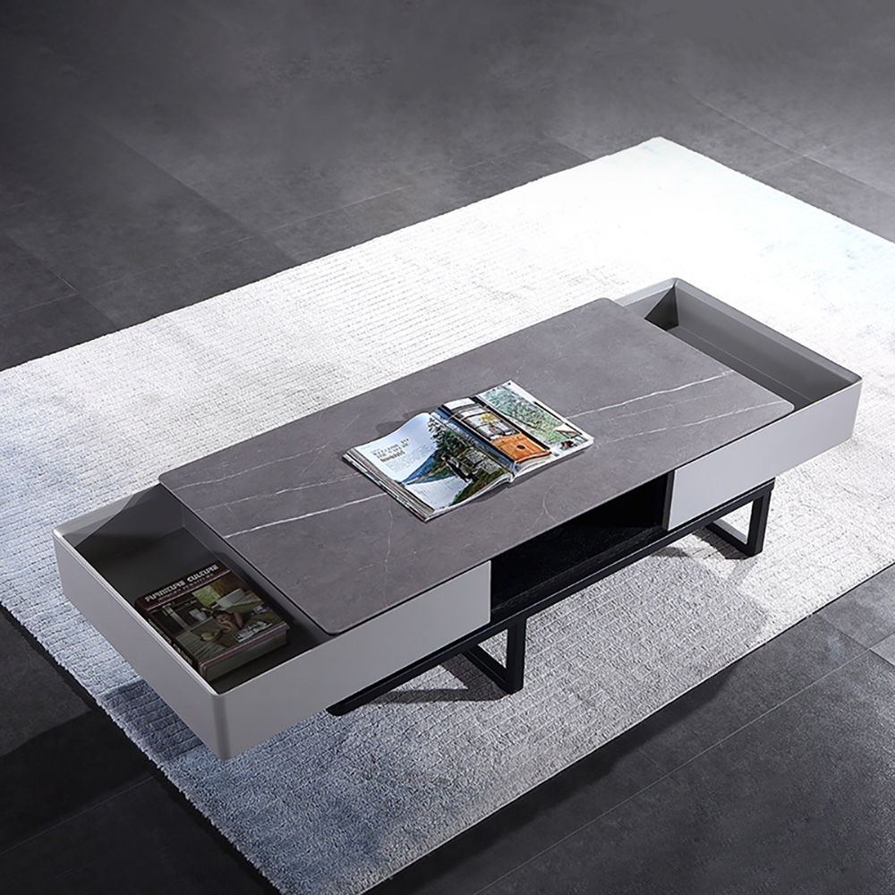 

Modern Coffee Table Table with Storage Stone Top & Carbon Steel Legs