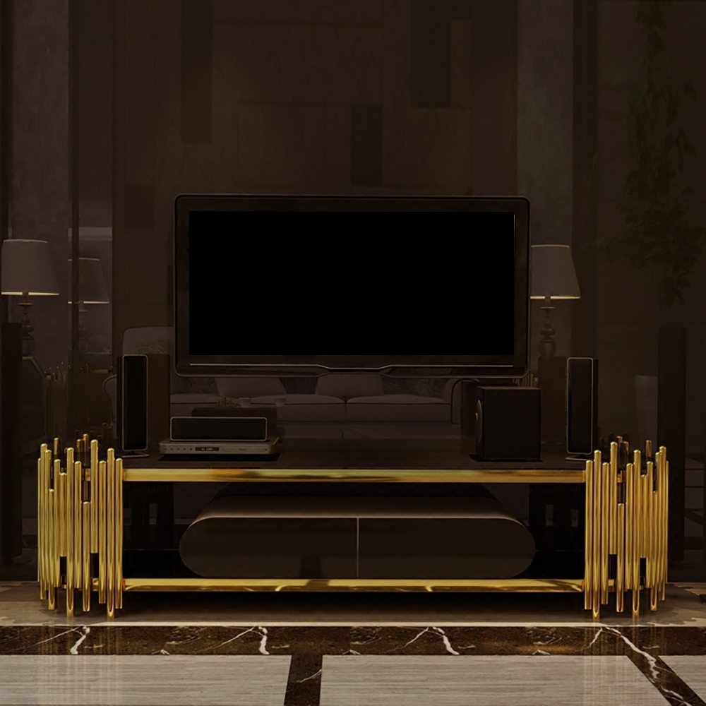 

Postmodern Black TV Stand Oval Tempered Glass Top Media Console with 2 Drawers in Gold
