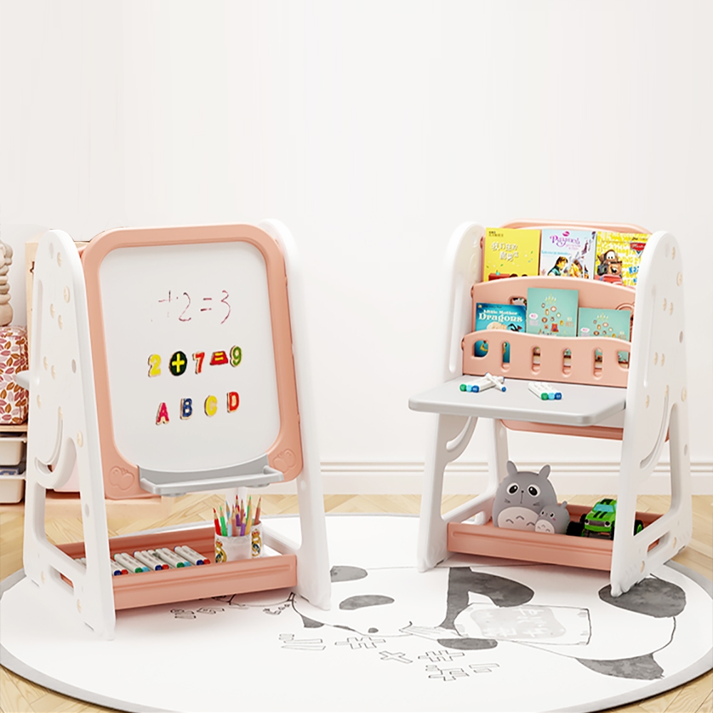 Kids' Art Desk to Easel Storage Bookcase SetPinkWith StoolHomary