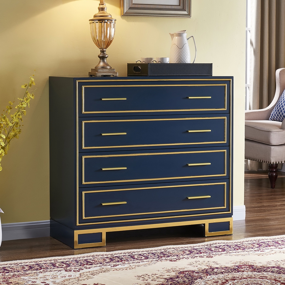 Modern Luxury Blue Cabinet Gold Painted Rims 4-Drawer Accent Chest