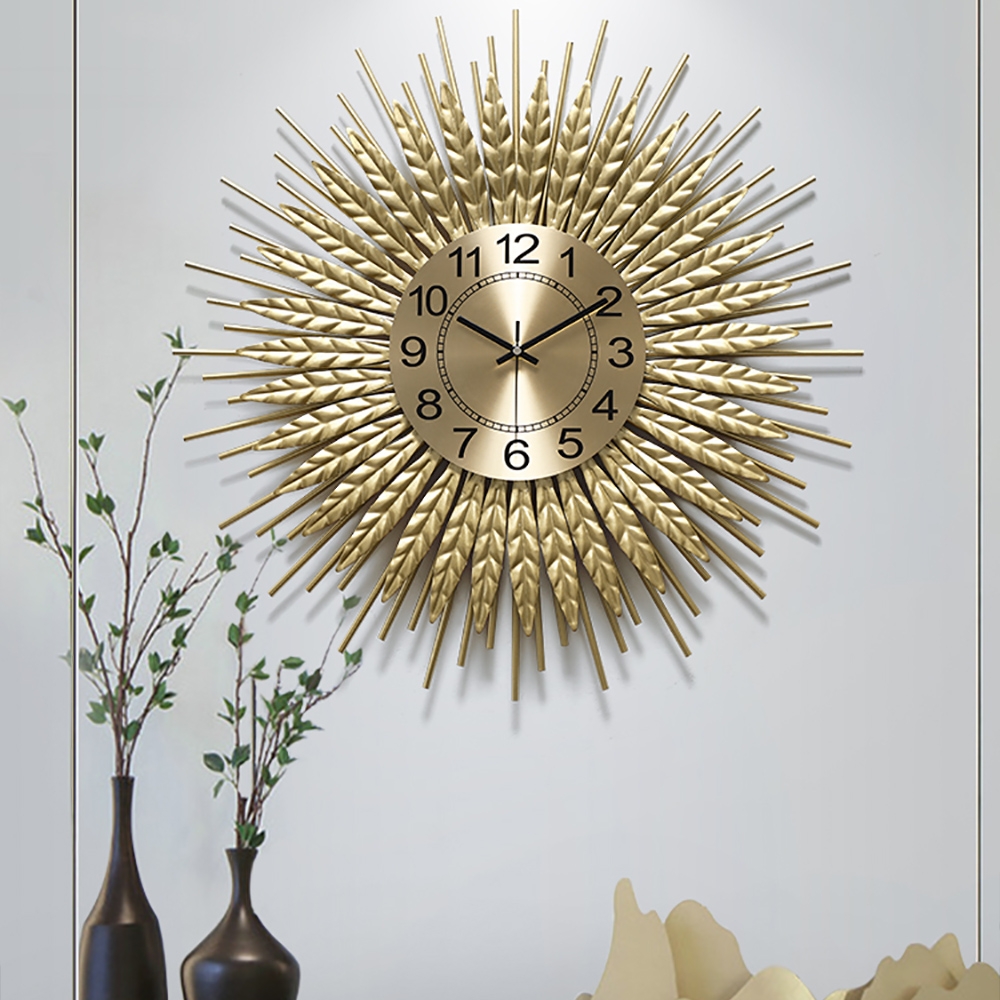 Small 3D Sunburst Metal Oversized Wall Clock Wheat Home Decor