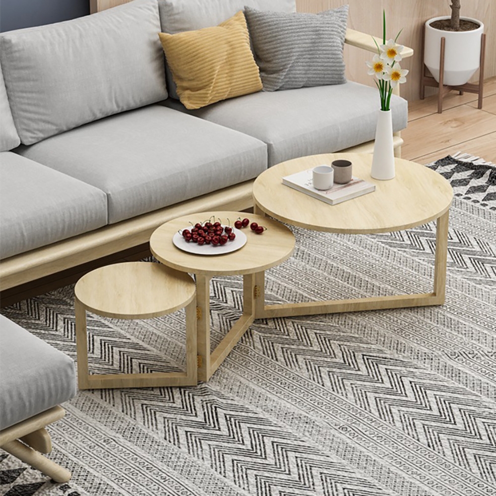 Farmhouse Round Wood Coffee Table Set in NaturalHomary