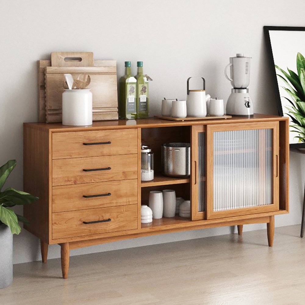 1600mm Mid-Century Modern Natural Sideboard Buffet with Glass Doors&4 Drawers&1 Shelf