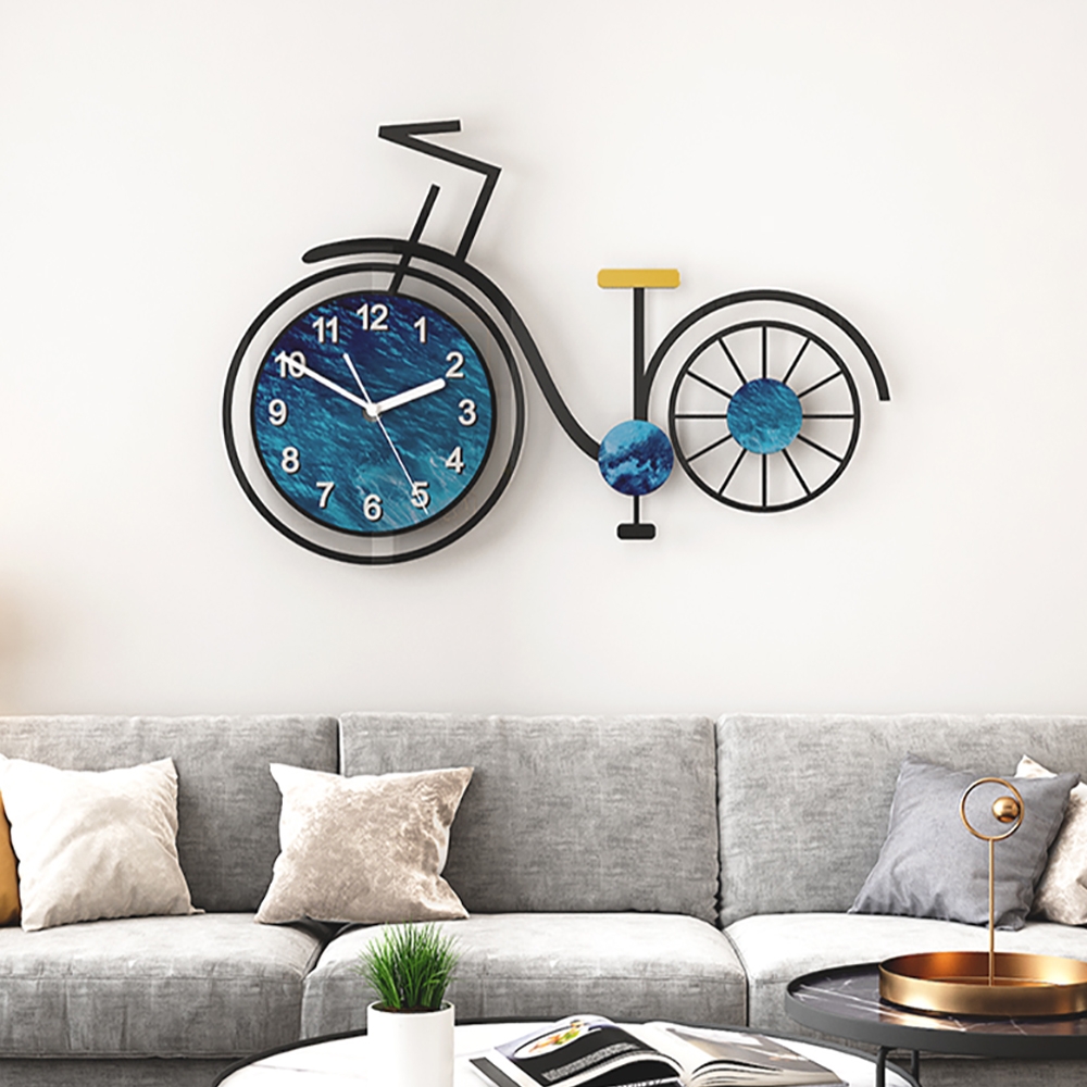 Modern 3D Acrylic Silent Large Bicycle Wall Clock Home Decor Art in Black & Blue