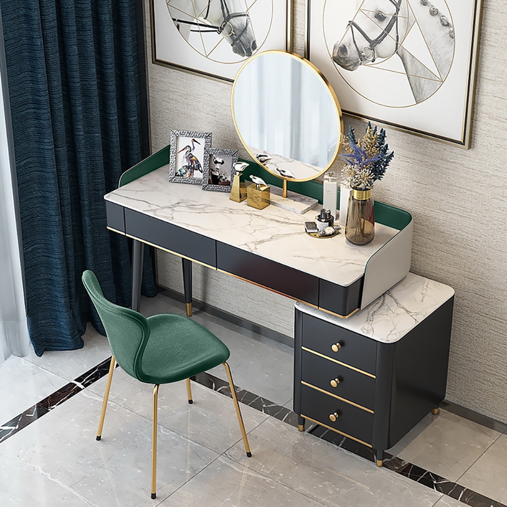 Modern Green Makeup Vanity Set Retracted Faux Marble Top 5 Drawers