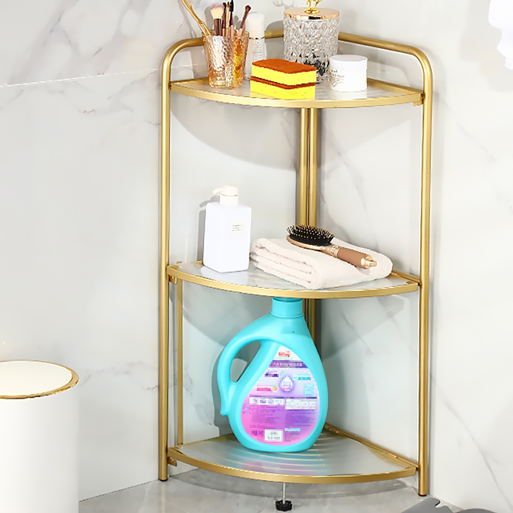 3 Tiers Modern Foldable Standing Bathroom Shelving Corner Shelf in Gold