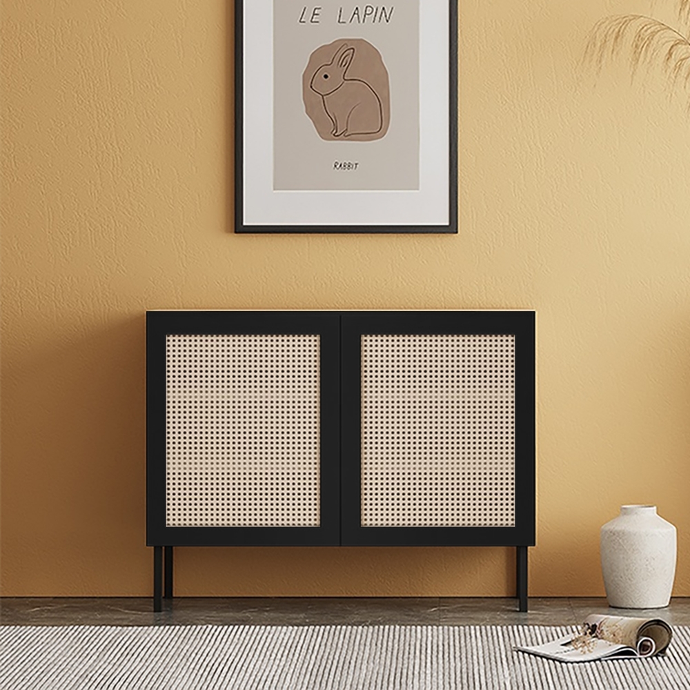 Nordic black cabinet with 2 doors 2 shelves rattan woven