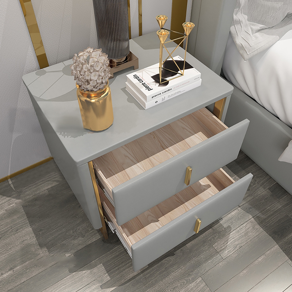 Modern Grey Nightstand 2-Drawer Faux Leather Bedside Table in Gold