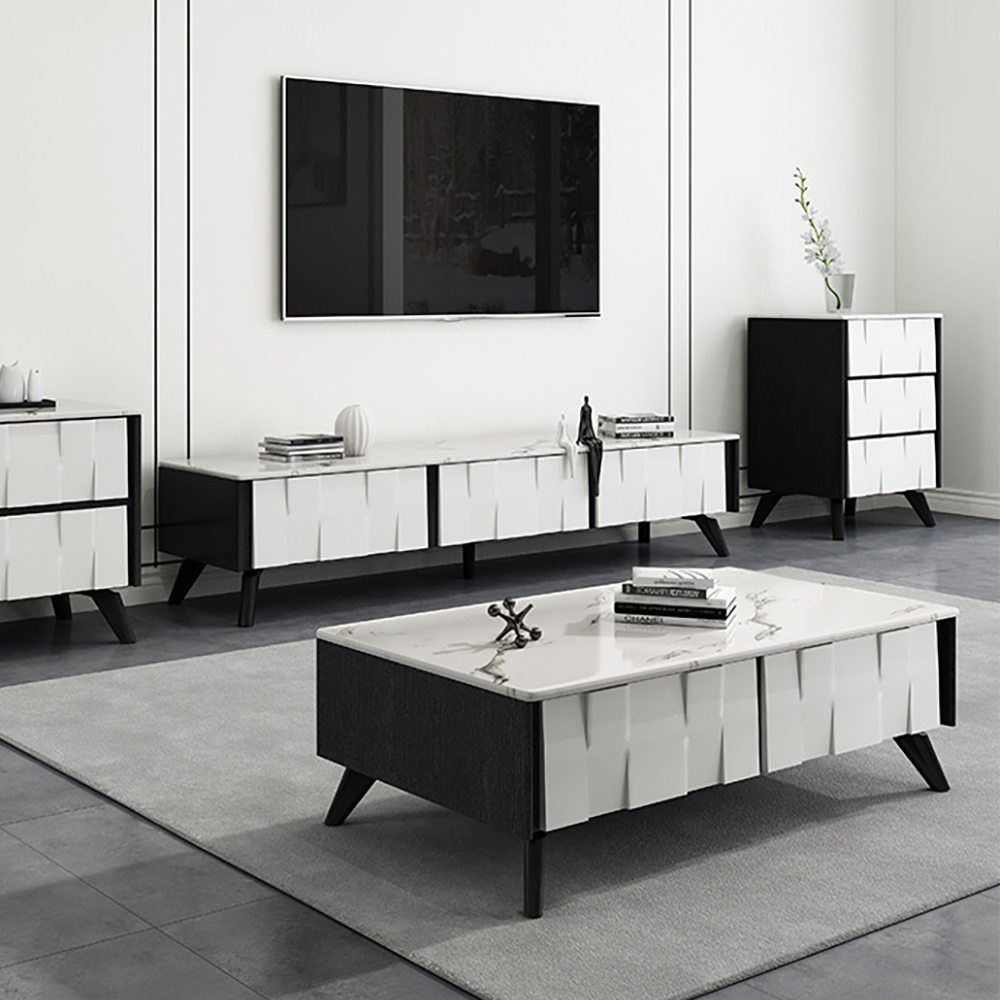 78" Italian TV Stand White Faux Marble Top Media Console with 3 Drawers