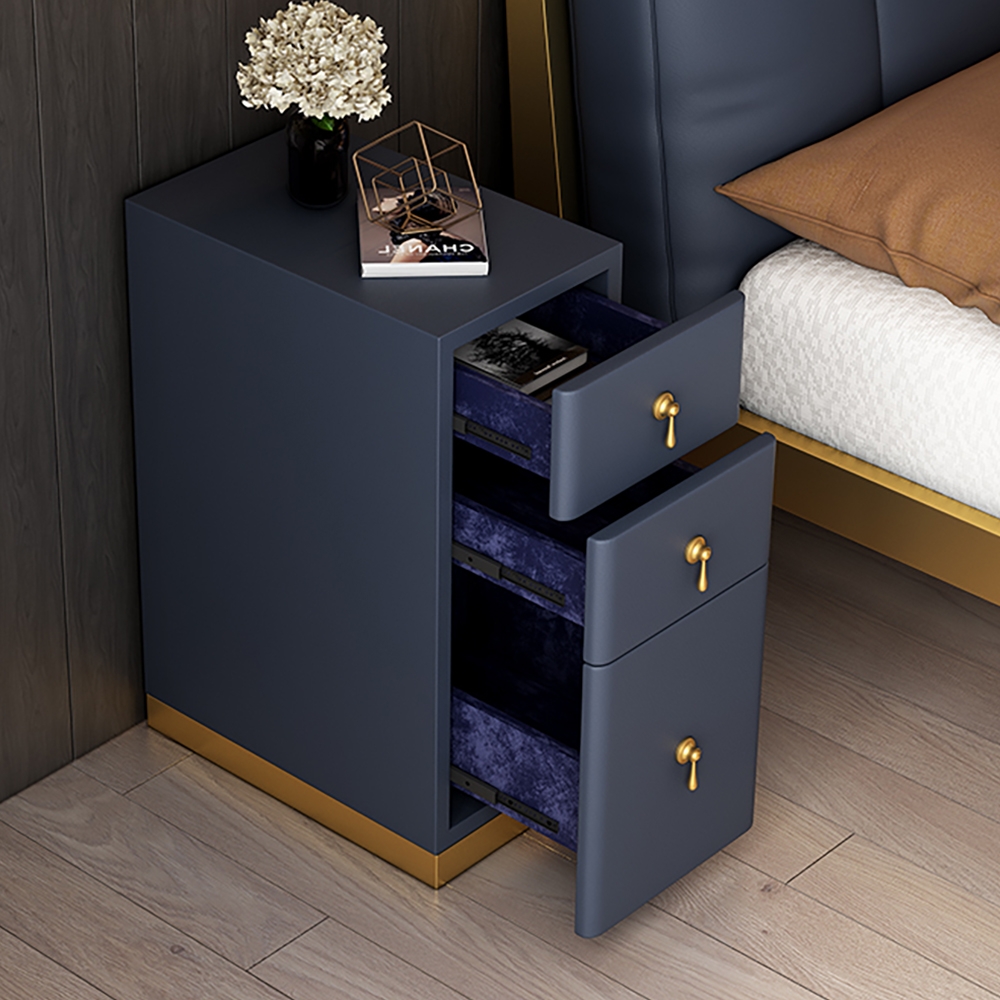 Blue 3 drawer nightstand narrow bedside table with faux leather upholstery