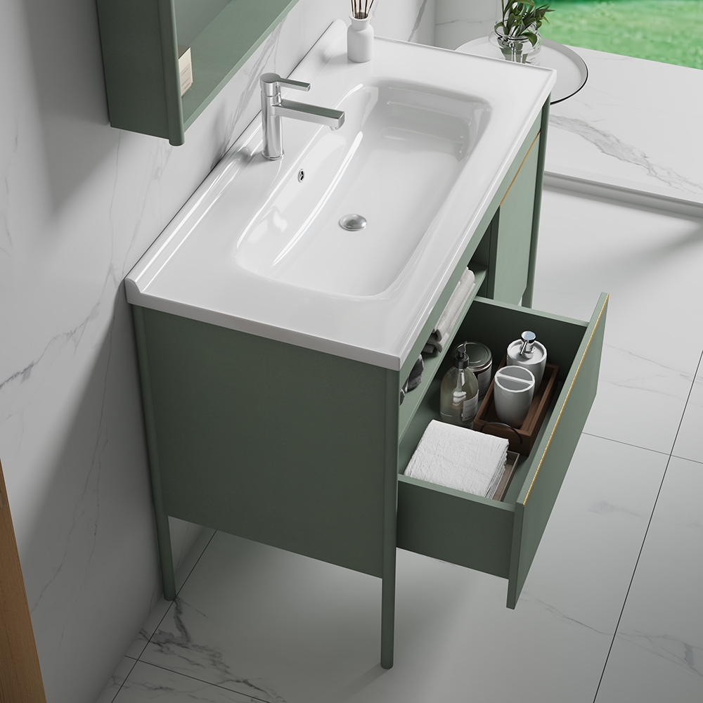 32" Green Bathroom Vanity Freestanding Integral Ceramic Sink with Door & Drawer