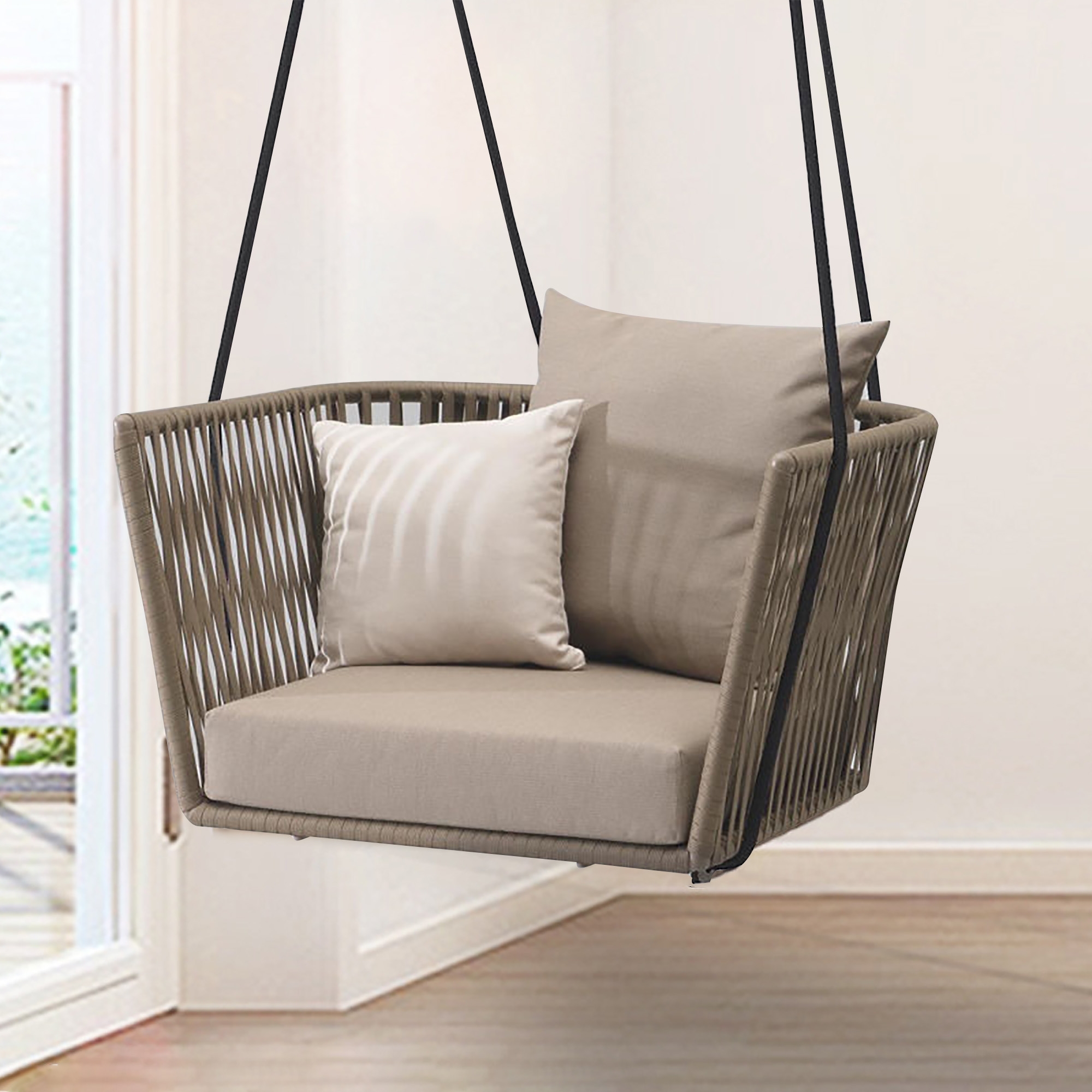 Image of Modern Outdoor Hanging Chair Rattan Porch Swing Chair with Khaki Cushion Pillow