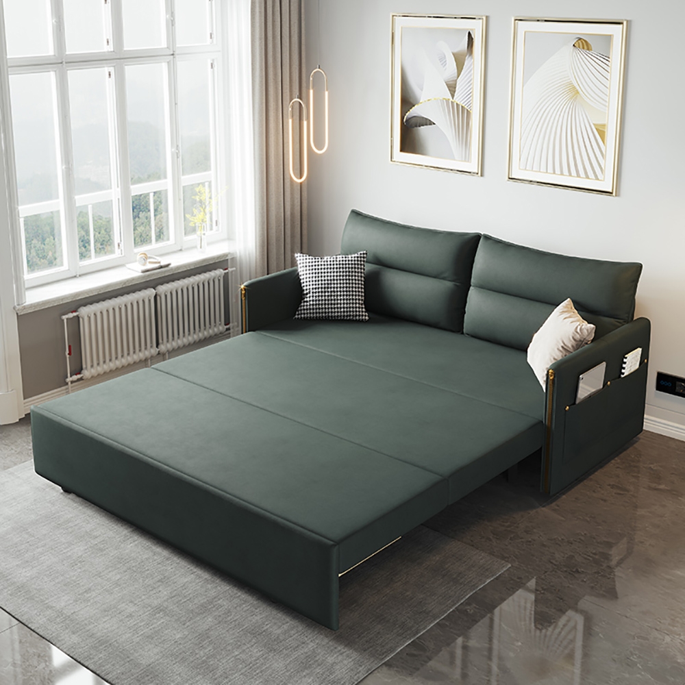 Image of 64" Green Convertible Sleeper Sofa Bed with Storage Leath-aire Upholstery