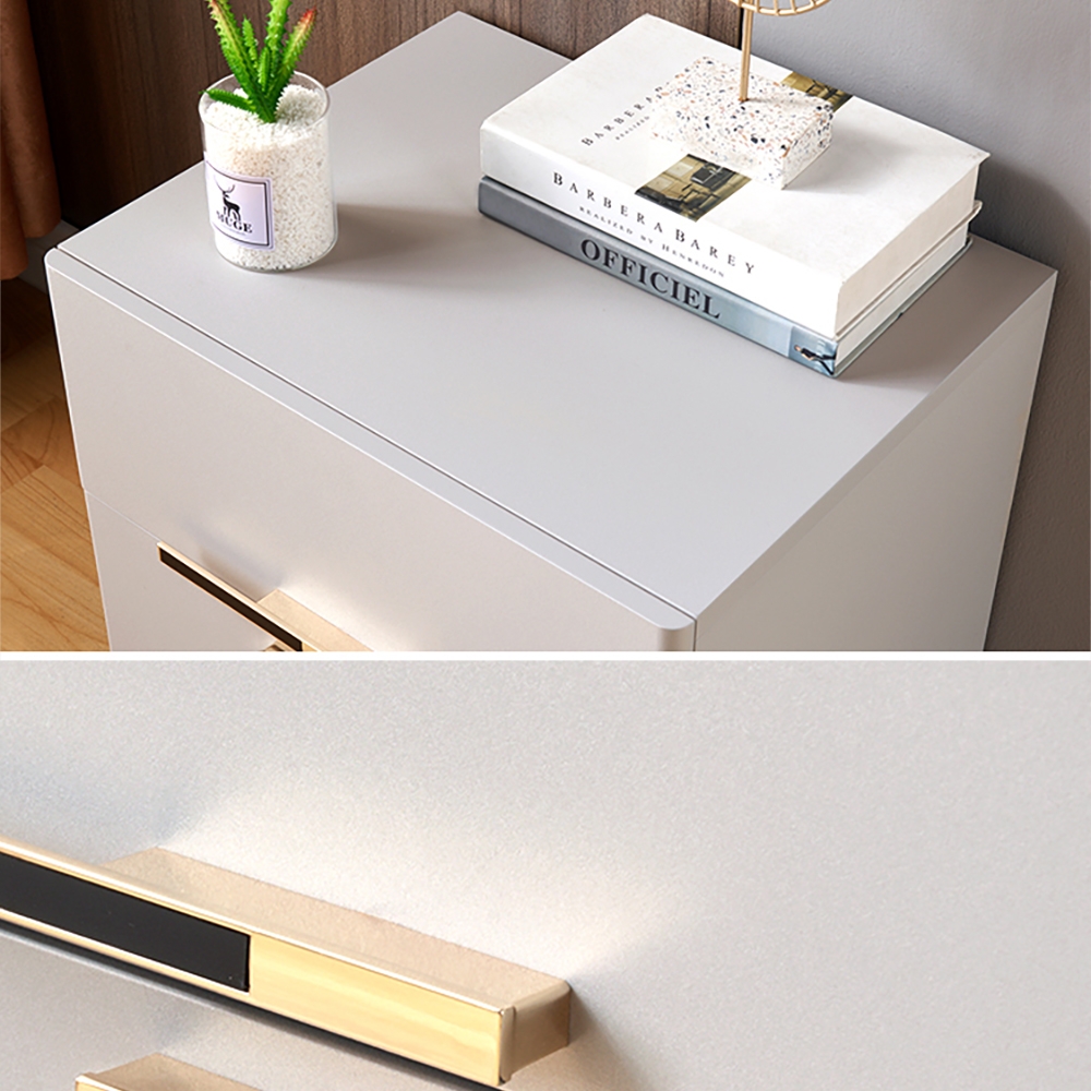 Grayish White Nightstand Modern 2-Drawer Bedside Table Gold Pulls