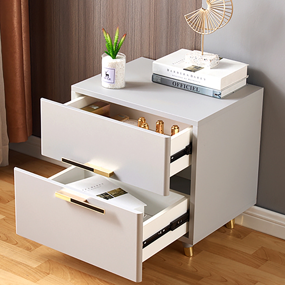 Grayish White Nightstand Light Luxury 2-Drawer Bedside Table Gold Pulls