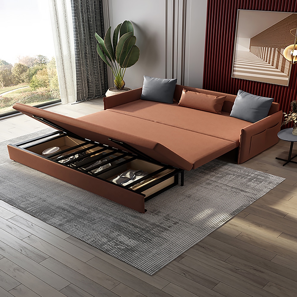 76.8" Orange Full Sleeper Sofa Leath-aire Upholstered Convertible Sofa Storage Sofa